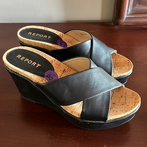 Report black wedge sandal, size 8.5